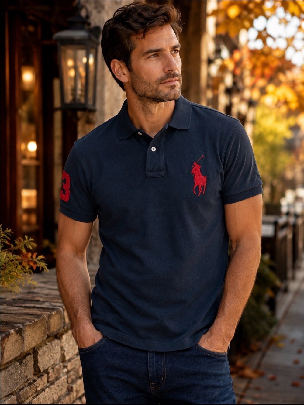 VTG Polo Ralph Lauren Big Pony Polo Shirt Black Red Custom Fit XL Appliqué Logo